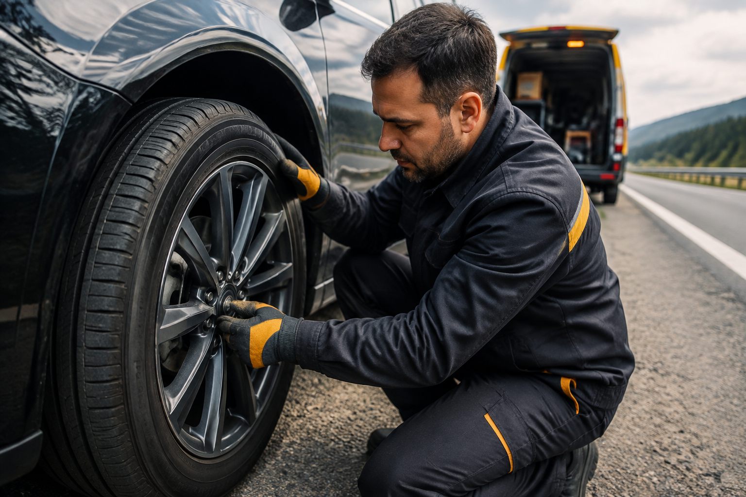 Otoyol kenarında mobil lastik teknisyeni otomobil jantını kontrol ediyor