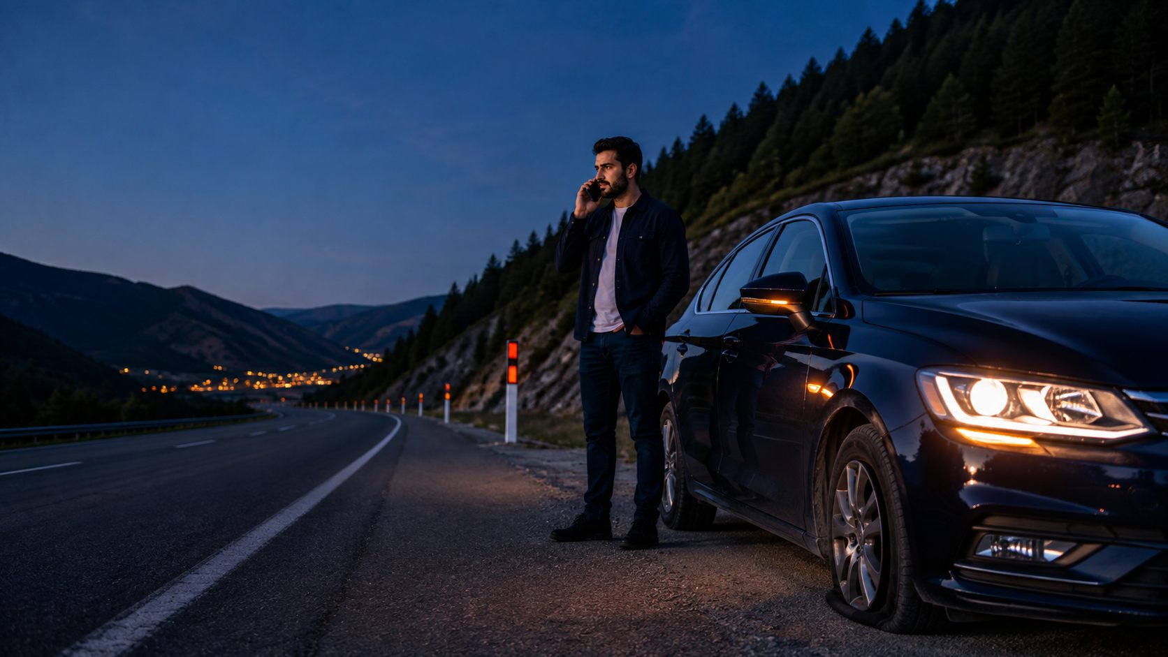 Gece otoyol kenarında lastiği inen otomobilin yanında yardım çağıran sürücü